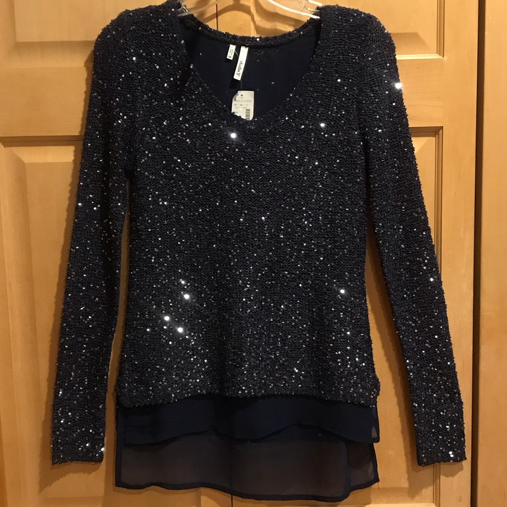 Studio Y Navy Sequin V-Neck Sweater